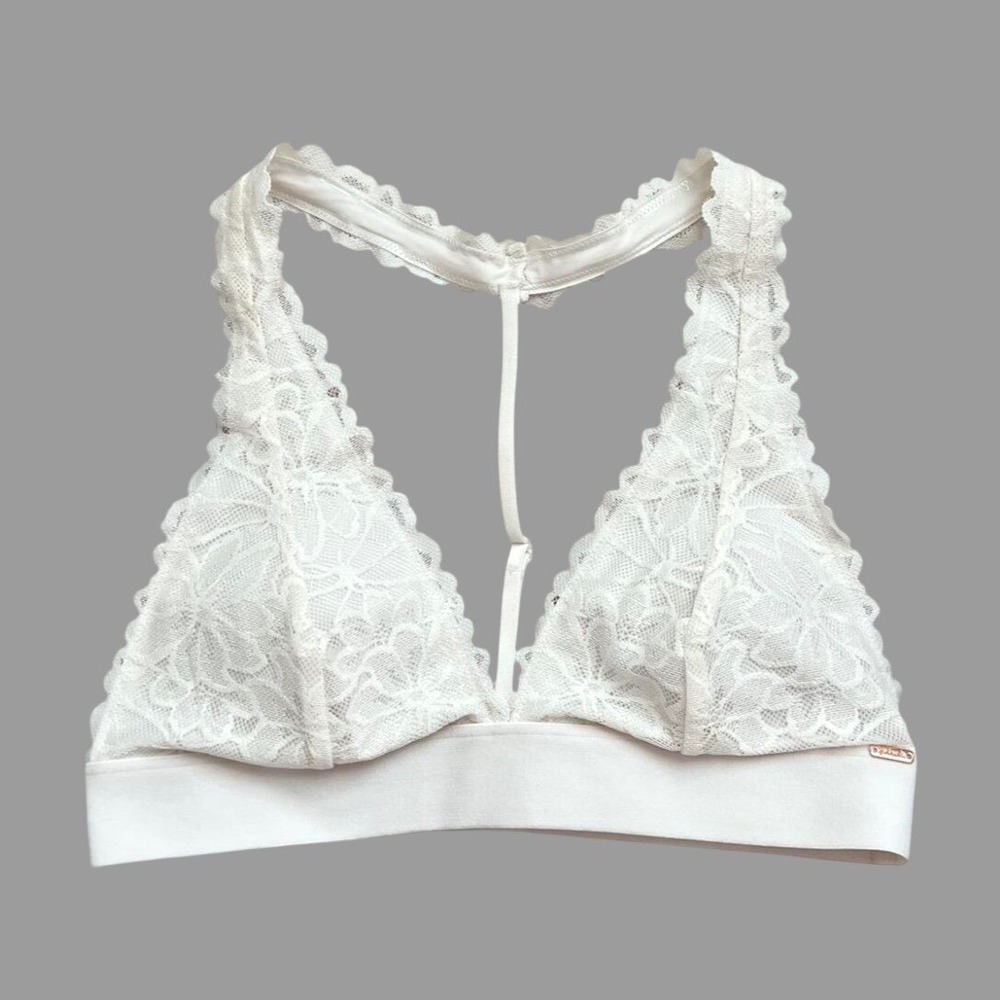 VICTORIA'S SECRET PINK Off-White Bra Bralette LACE PADDED T-Strap Triangle SZ L
